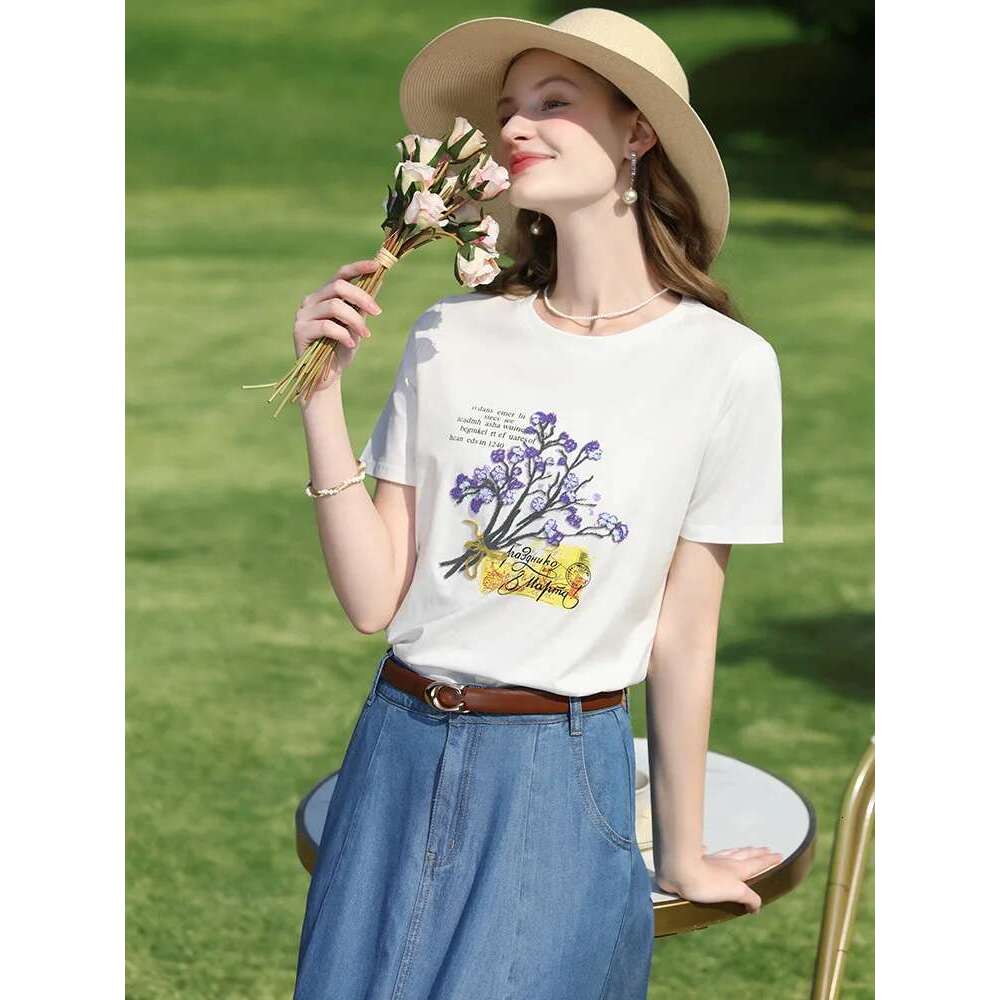 Beads Embroidered T-Shirt Female 2025 Summer Letter Printing Casual Top Short Sleeve Cool Cotton Tees