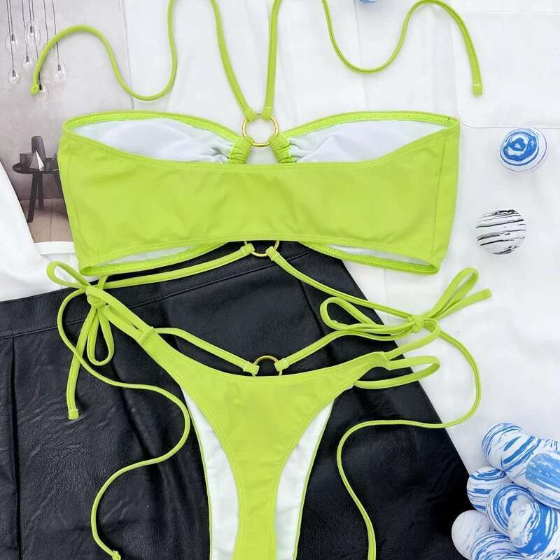 2024 Pleated Fabric Sexy Cross Bandage Halter Swimwear Two Piece Bikini Summer Cut Out Bathing Suit High Waist Beachwear