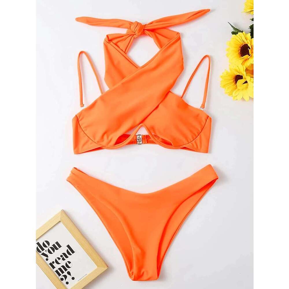 2023 Solid Color Swimsuit Women 2 Piece Bikini Sexy Cross Bandage Hollow Out Lace-up Swimwear Low Waist Thong Beach Bathing Suit