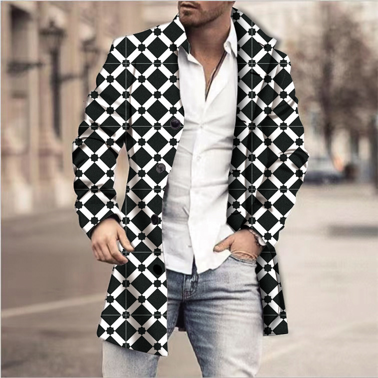 New autumn and winter mens digital printed woolen stand collar mid to long casual pocket coat jacket
