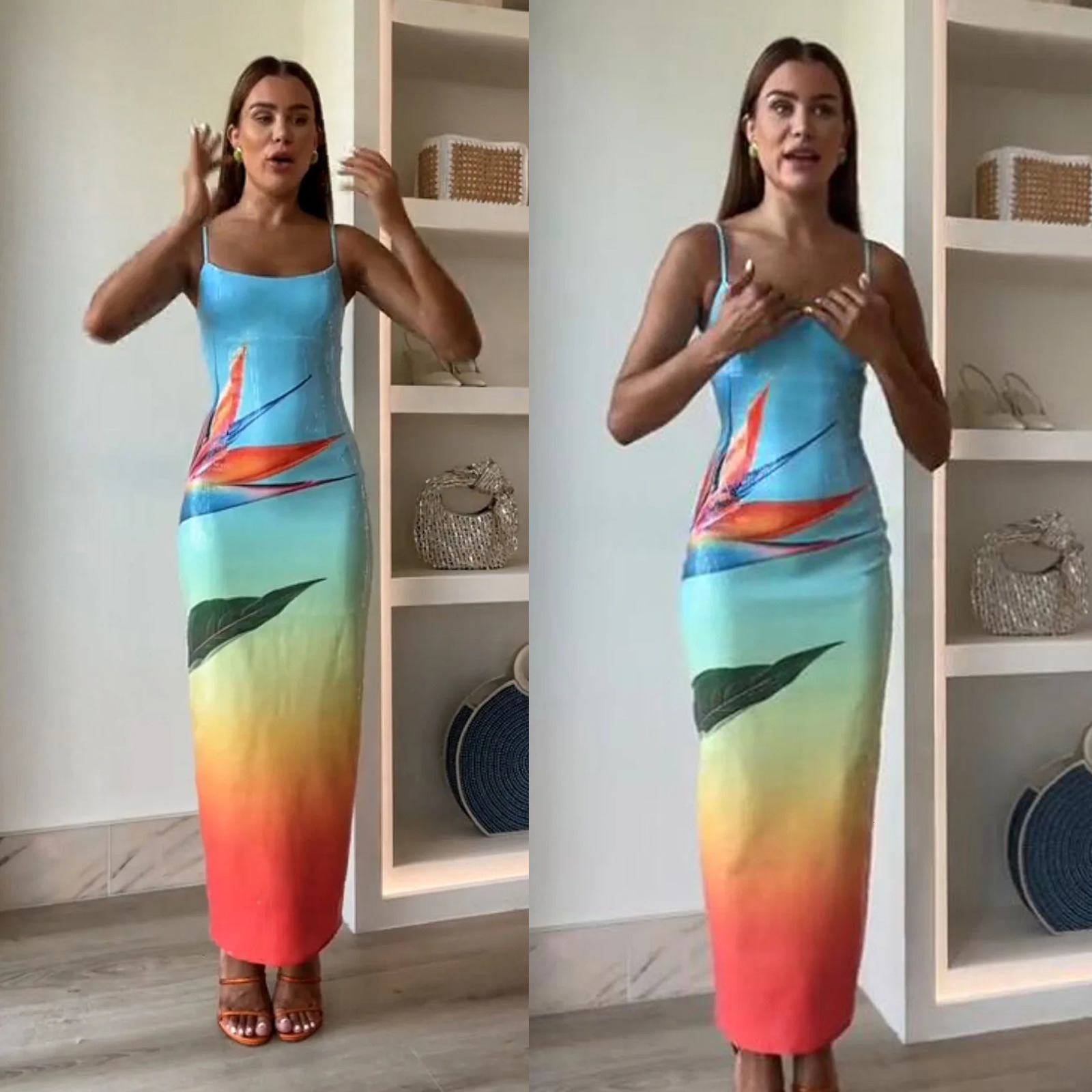 Spring/Summer Suspension Skiing Temperature Fashion Glitter Printed Dress INS Casual Party Elegant Split Dress 250401