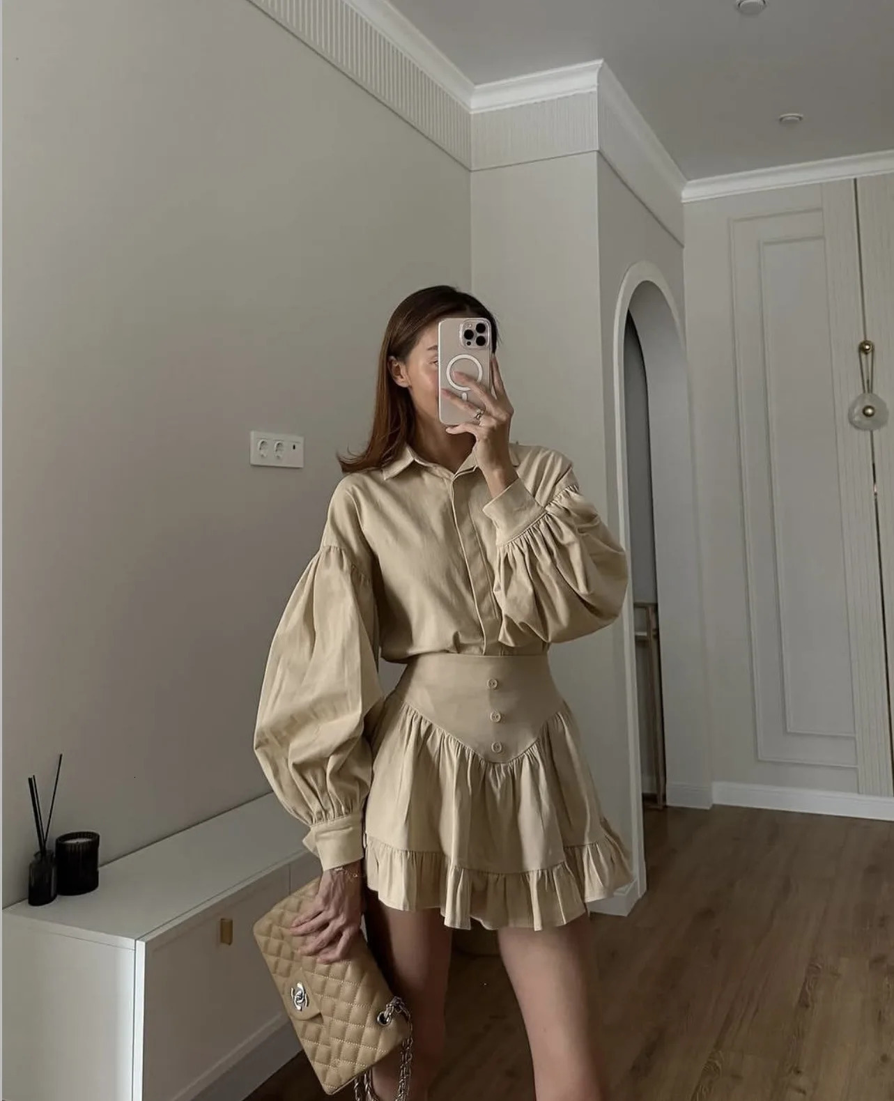 Elegant twopiece fashionable womens single chest lapel pleated shirt short sleeved set casual spring and summer 250403