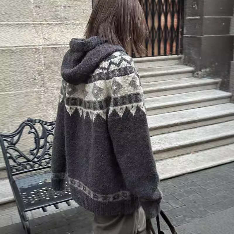Artistic Retro Hooded Jacquard Coat with Unique Design, Niche Lazy Style Horn Button Knitted Cardigan Sweater
