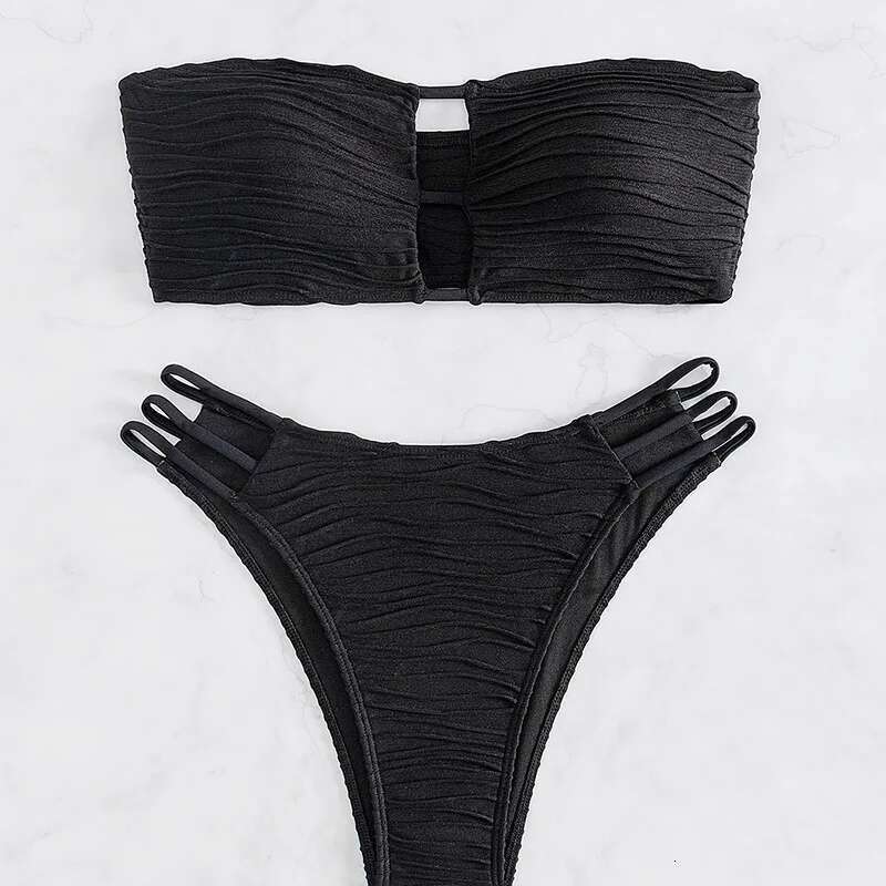 2024 Summer Black Two Piece Women's Swimsuit,sexy High Waist Hollow Out Strapless Bikini,off-shoulder Backless Beach Swimwear