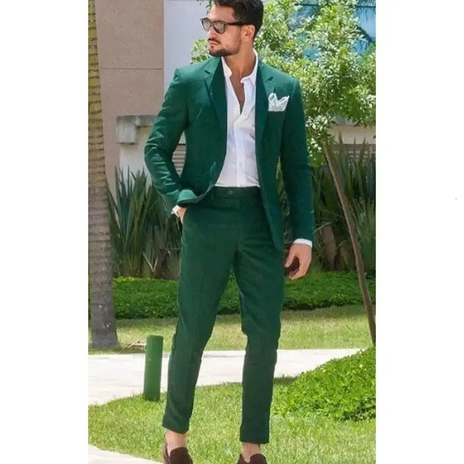high-end green mens two-piece set jacketpants ultra-thin fit fashionable and handsome mens formal clothing 250402