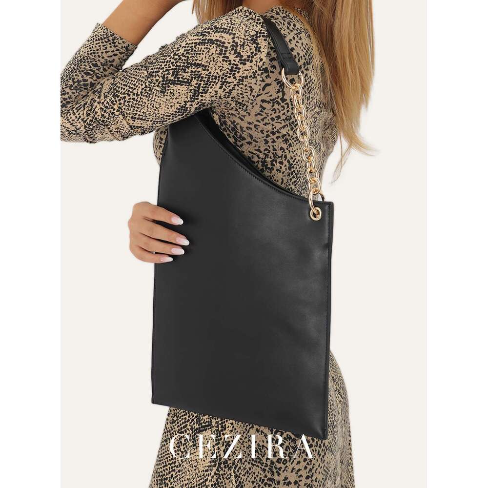 CEZIRA Niche Women Minimalist Solid Color Hobo PU Vegan Leather Novelty Shape Chain Shoulder Bag Lightweight Casual Daily Purse