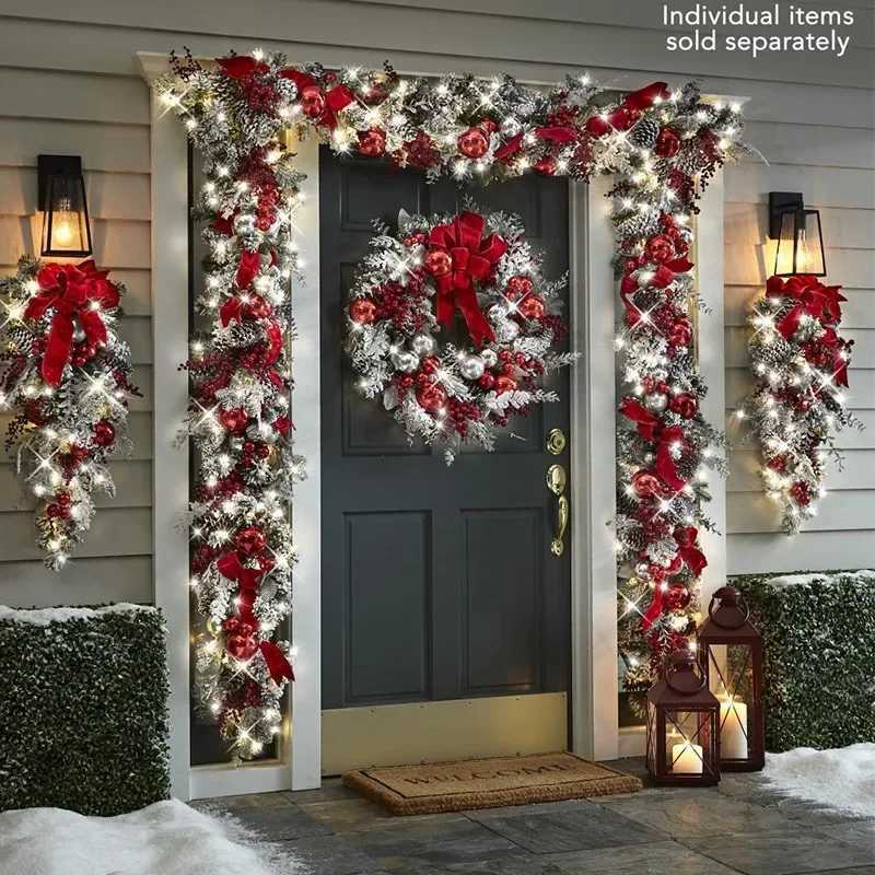 New 2025 Christmas Flocking Flower Garland Door Hanging Christmas Decorations Christmas Wreaths Rattan Upside Down Tree OrnamentXJ251106