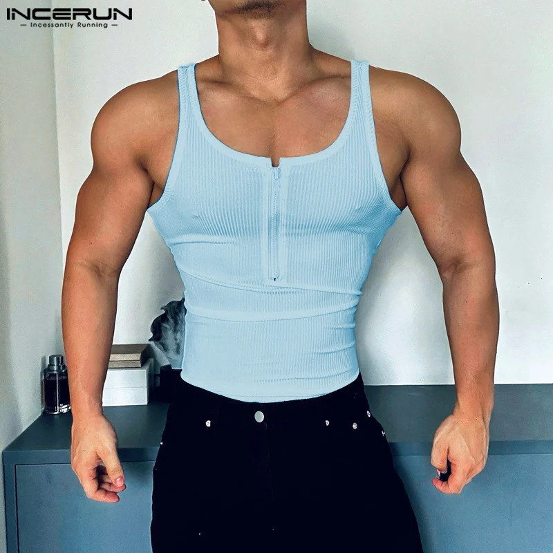 INCERUN Tops American Fashion Mens Striped Zipper Tank Top Casual Street Clothing Mens Solid Sleeveless Tank Top 250403