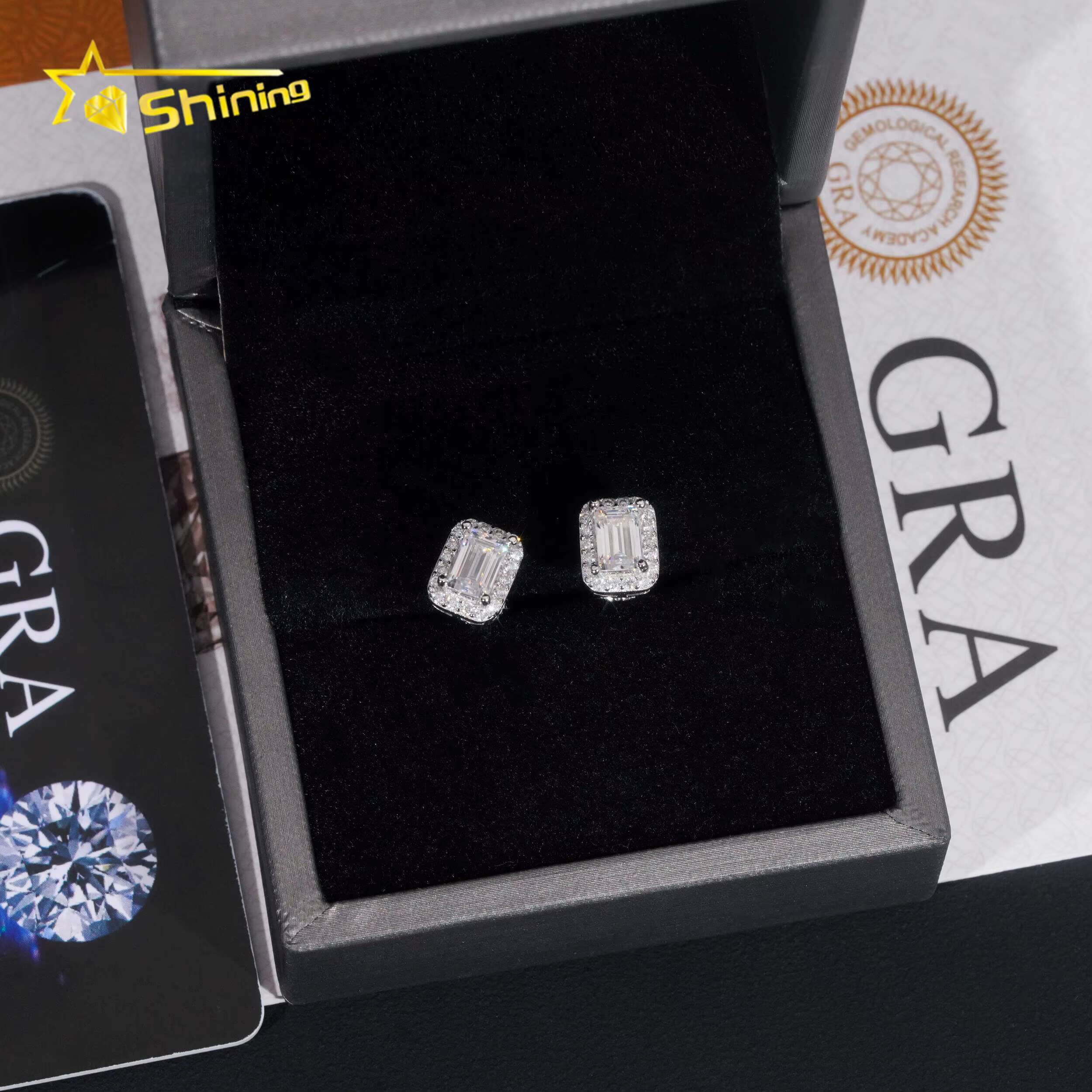 New Arrival Hip Hop Design Iced Out Emerald Cut Moissanite Stud Men Fine Sterling Sier Earrings Jewelry
