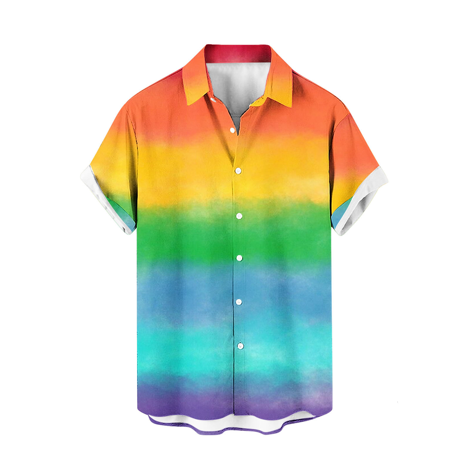 2024 Mens Spring New Four sided Elastic Collar Rainbow Printed Hawaiian Beach Casual Short sleeved Shirt