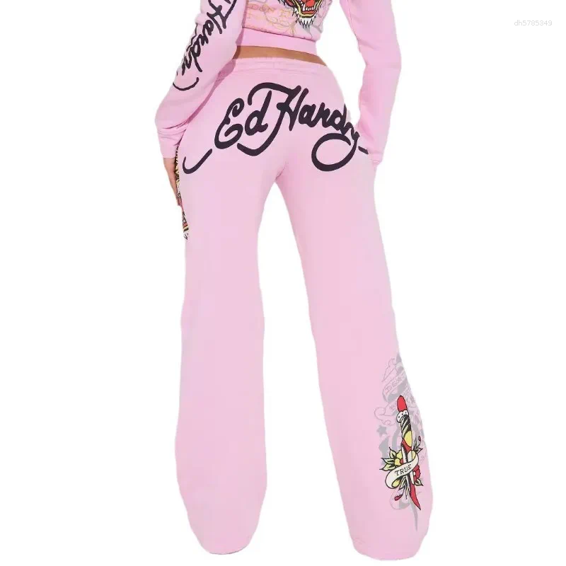 2026 Women's Tracksuit Trendy Street Skull Love Print Basic Zipper Short Cardigan High Waist Straight Trousers Two-piece Set For Women