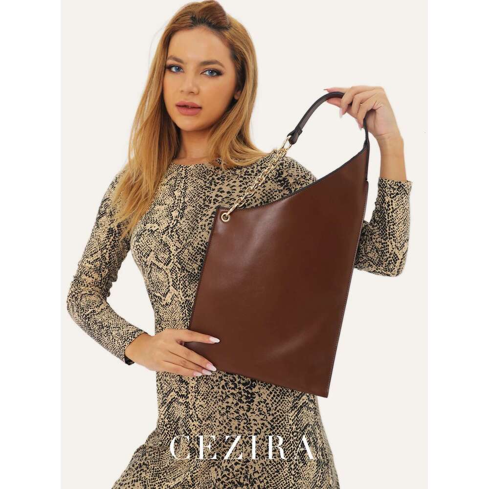 CEZIRA Niche Women Minimalist Solid Color Hobo PU Vegan Leather Novelty Shape Chain Shoulder Bag Lightweight Casual Daily Purse