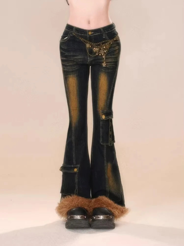 American Y2K Retro Plush Stitching Micro Flared Jeans Women Gyaru Denim Slim Cargo Pants Cyber Punk Hippop 2000s Tomboy Z260313