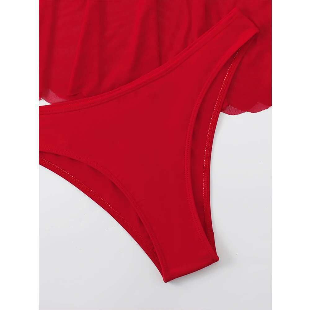 2023 Red Swimsuit Women Sexy High Waist Skirt Three-Piece Bikini Ruffle Suspender Chest Wrap Swimwear Summer Beach Bathing Suit