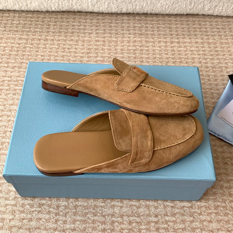 Top Suede Mules Women Backless Loafers Genuine Leather Lining Soft Cushion Insole Non Slip Rubber Outsole Classic Square Toe Casual Office Driving Flats With Box