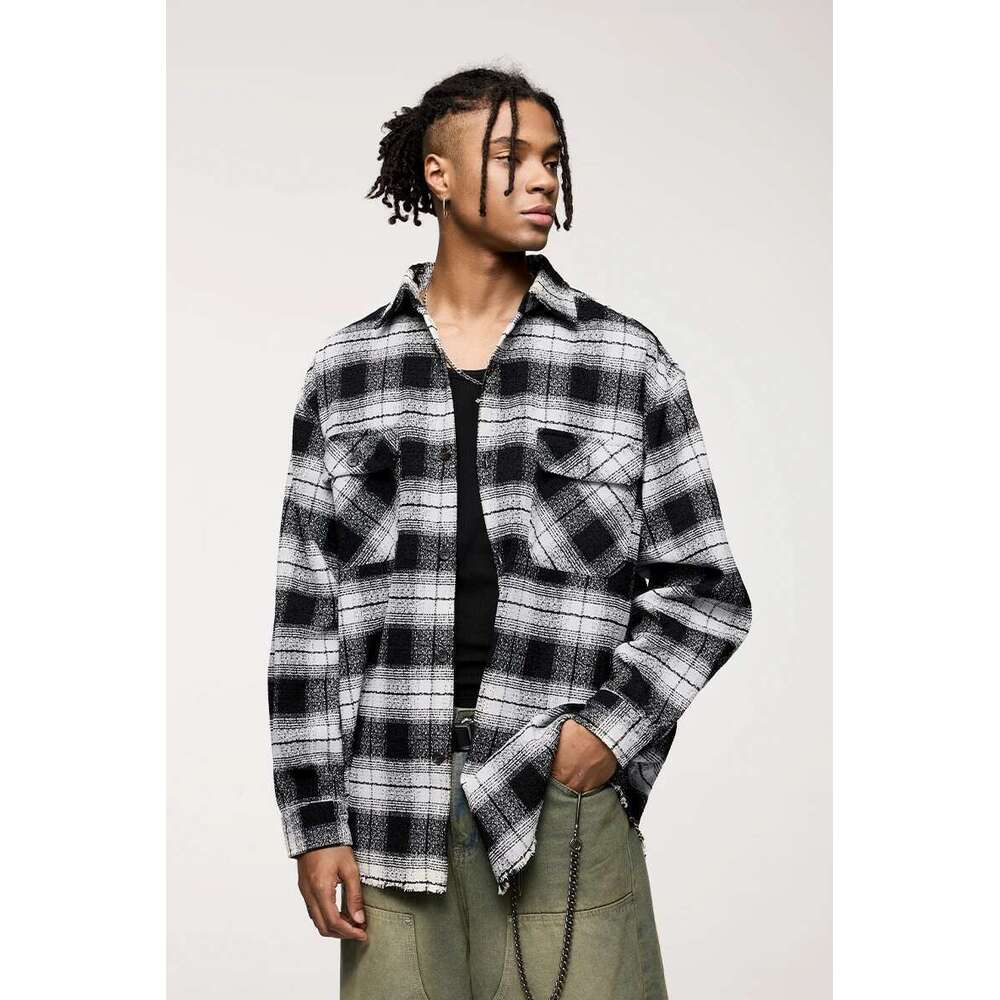 Classic Plaid Jacket Men Basic Front Pocket Stand Collar Woolen Long Sleeve Shirt