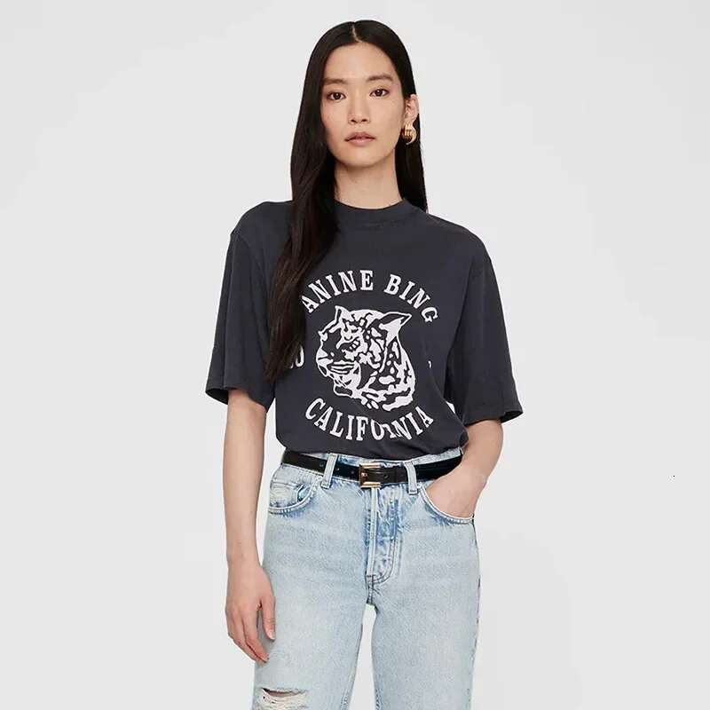 25 Summer New North American Niche AB Tiger Head English Alphabet Printing Black Cotton Women's Short Sleeve T-Shirt