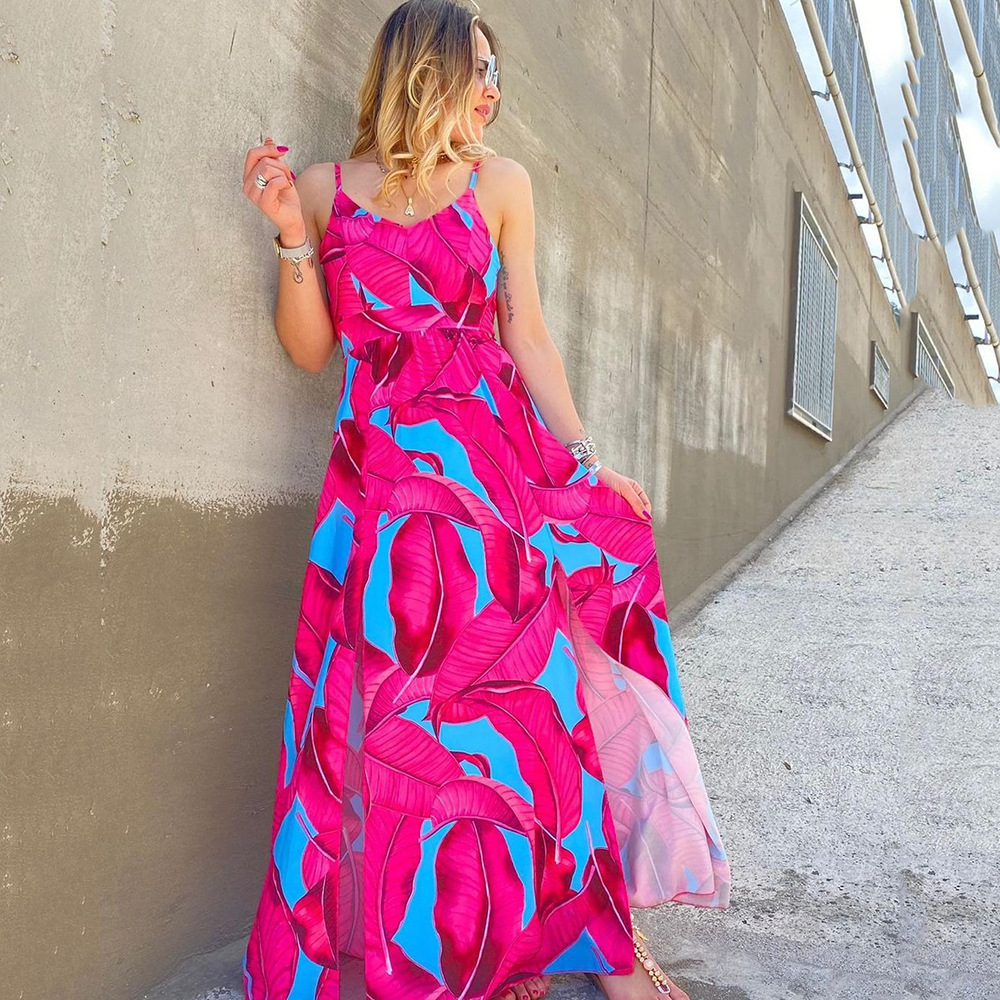 2025 Spring/summer New Fashionable Printed Backless Strap Sleeveless Dress Bohemian Style Dress