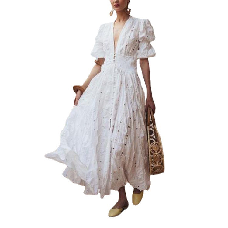 2025 Summer New Womens Deep v Bubble Sleeve Lace Dress with Hollow Skirt