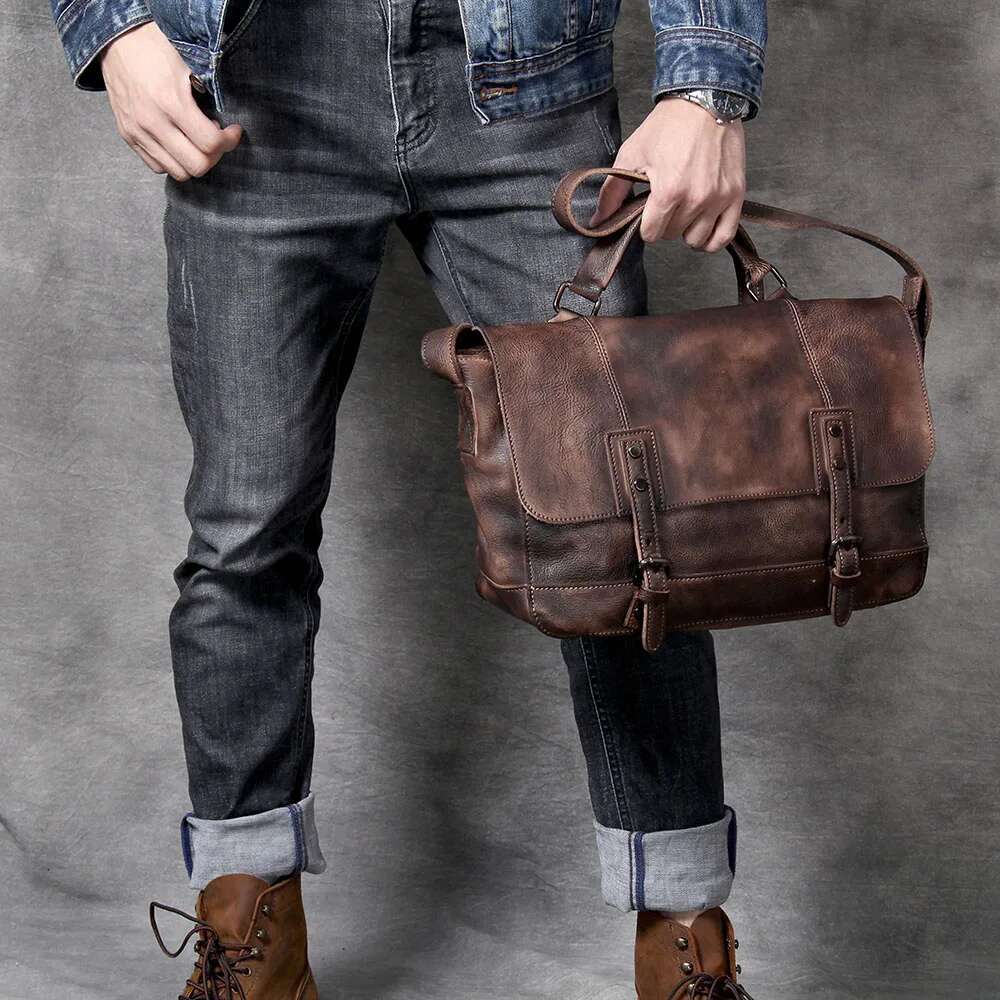 S.Worker Vintage Genuine Leather Men's Briefcase Cowhide Messenger Bag Plant Tainning Handbag Retro Casual Style