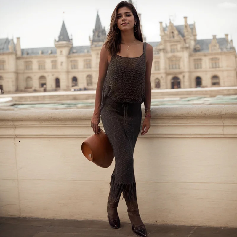 Beach hollow camisole top dress strapless top fringe dress two-piece set Bohemian style camisole top ultra-thin womens suit 250402