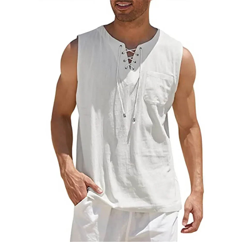 Summer linen shirt mens casual no ruffled vest belt lace top retro V-neck fashionable loose shirt mens solid color T-shirt 250403