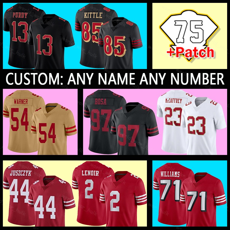 85 George Kittle Football Jerseys 97 Nick Bosa 44 Kyle Juszczyk 71 Trent Williams 98 Mykel Williams 11 Brandon Aiyuk 17 Watkins 7 Thomas Morstead 16 Joe Montana 13 Purdy
