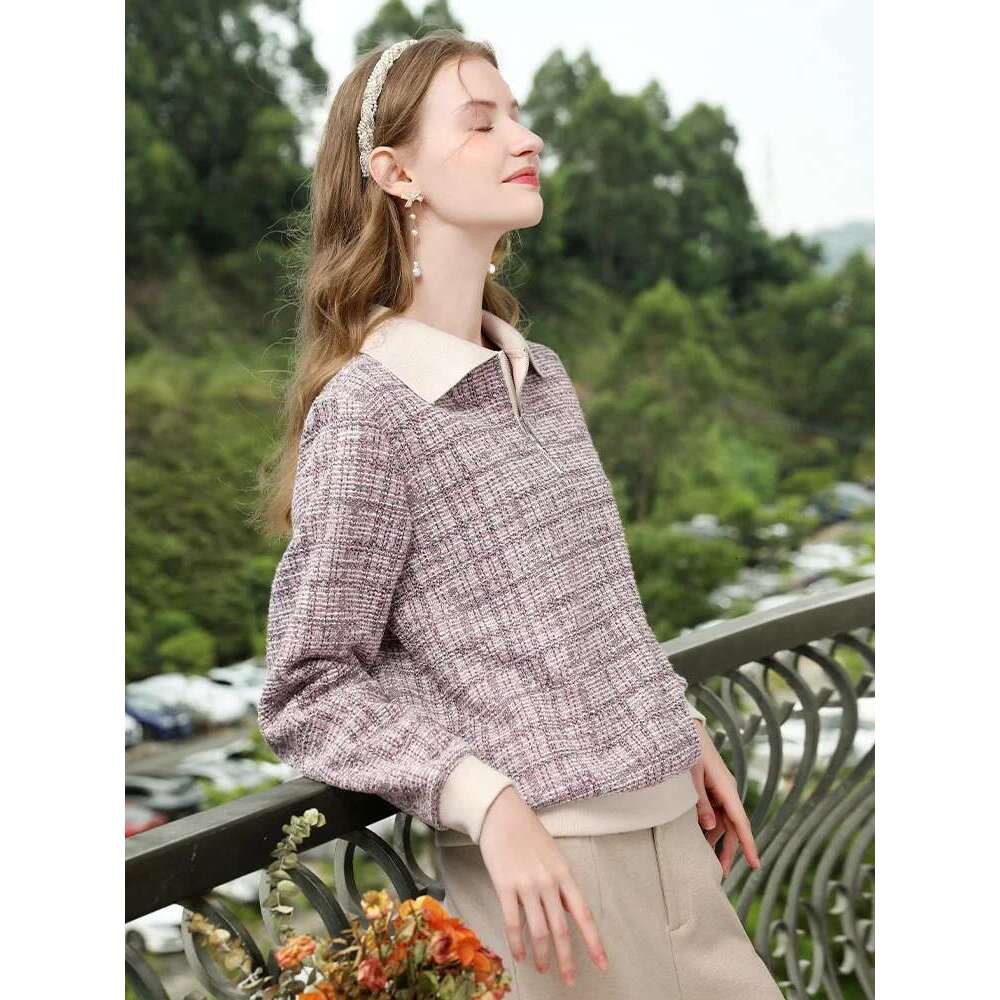 Purple Woven Lapel Long-Sleeved Pullover Sweaters Women Autumn Winter Warm Soft Zipper Casual Tops
