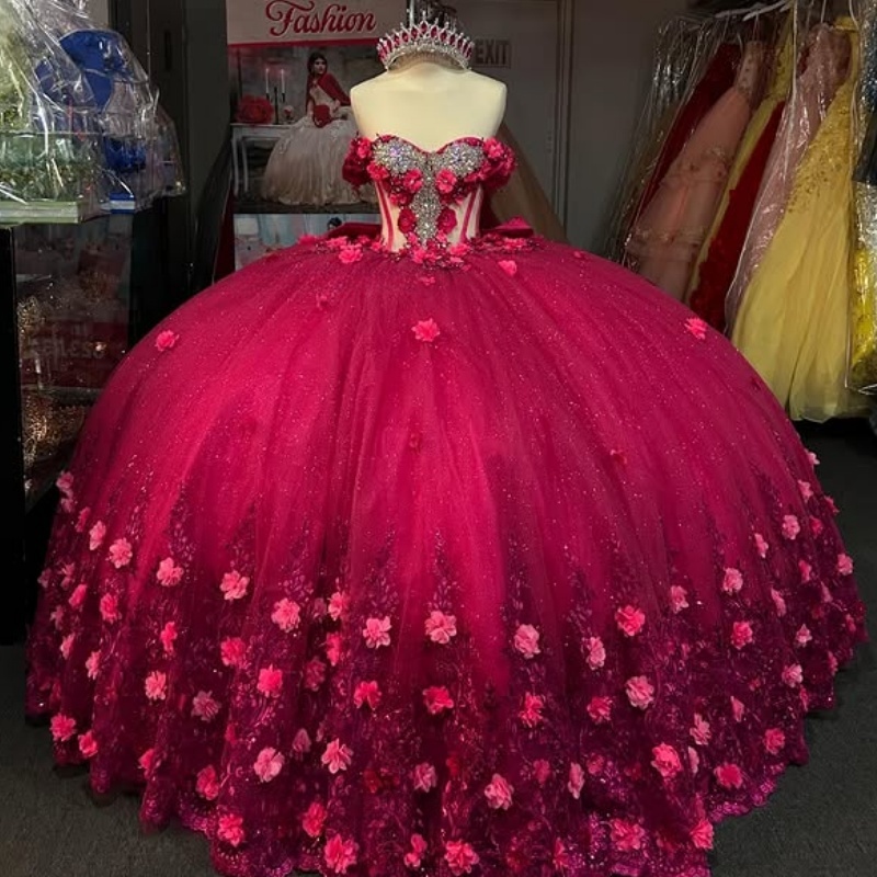 Rose Red Quinceanera Dresses Off Shoulder Ball Gown Sweet 16 Dress Applique Flower Bow Beads Tull Birthday Party Vestidos 15 De Anos