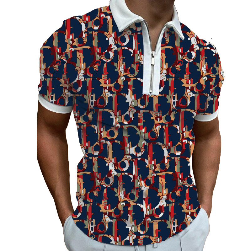 Spring new mens 3D printed casual polyester floral zipper POLO short sleeved T-shirt
