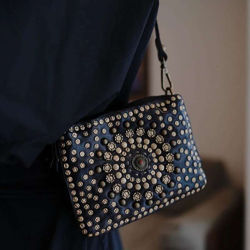Ethnic Genuine Leather Handmade Rivet Chain Small Square Bag Shoulder Crossbody Bags For Women High Quality Hippie Handbags