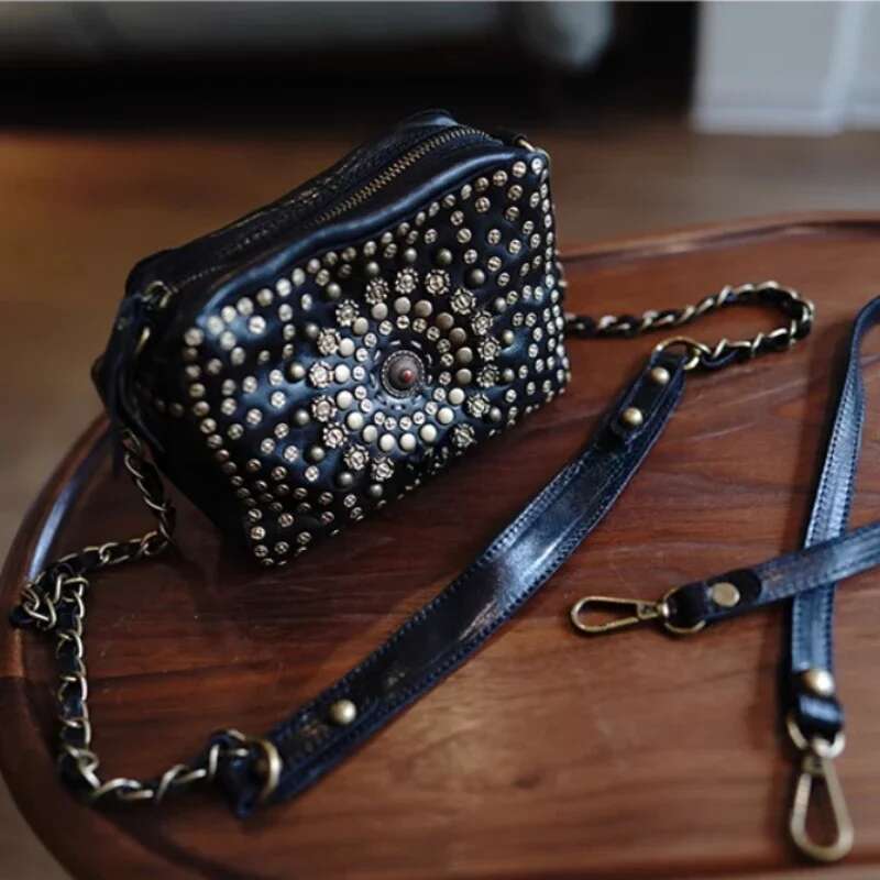 Ethnic Genuine Leather Handmade Rivet Chain Small Square Bag Shoulder Crossbody Bags For Women High Quality Hippie Handbags