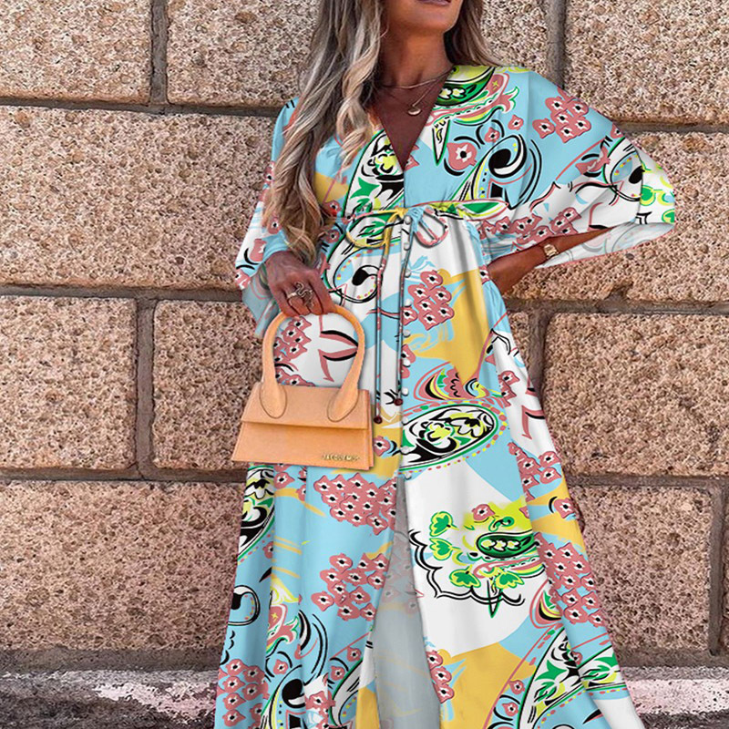 2025 New Womens Spring/summer Leisure Vacation Style V-neck Printed Dress