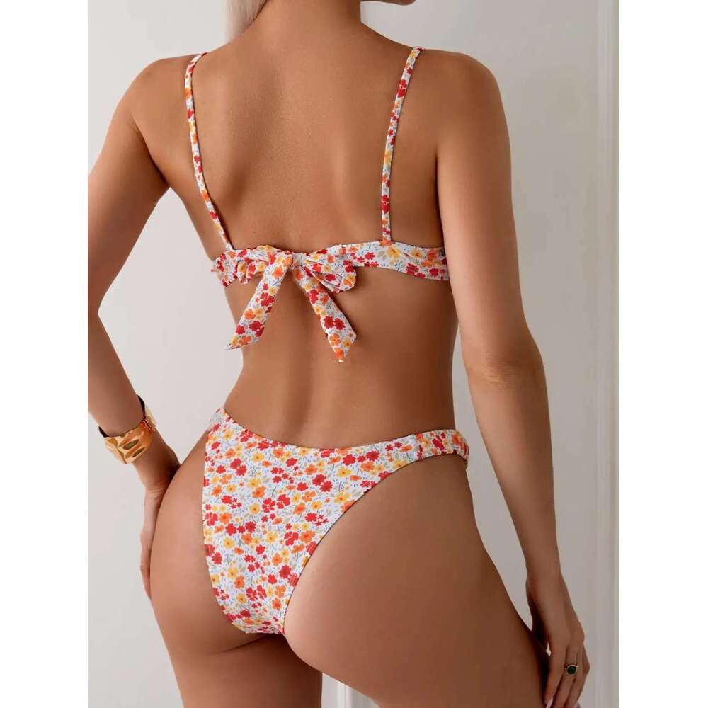 Pink ral Print micro Bikini Women Swimwear 2025 Brazilian Beach Push Up Pleate Tie Underwire Bathing Suit Two Piece Swimsuit