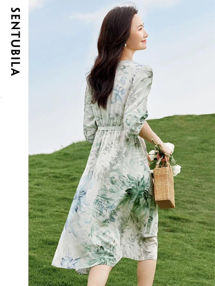 SENTUBILA Womens 100% Mulberry Silk Printed Dress Summer Elegant V-neck Lantern Sleeve Beach Midi Dress 132L50179 250401