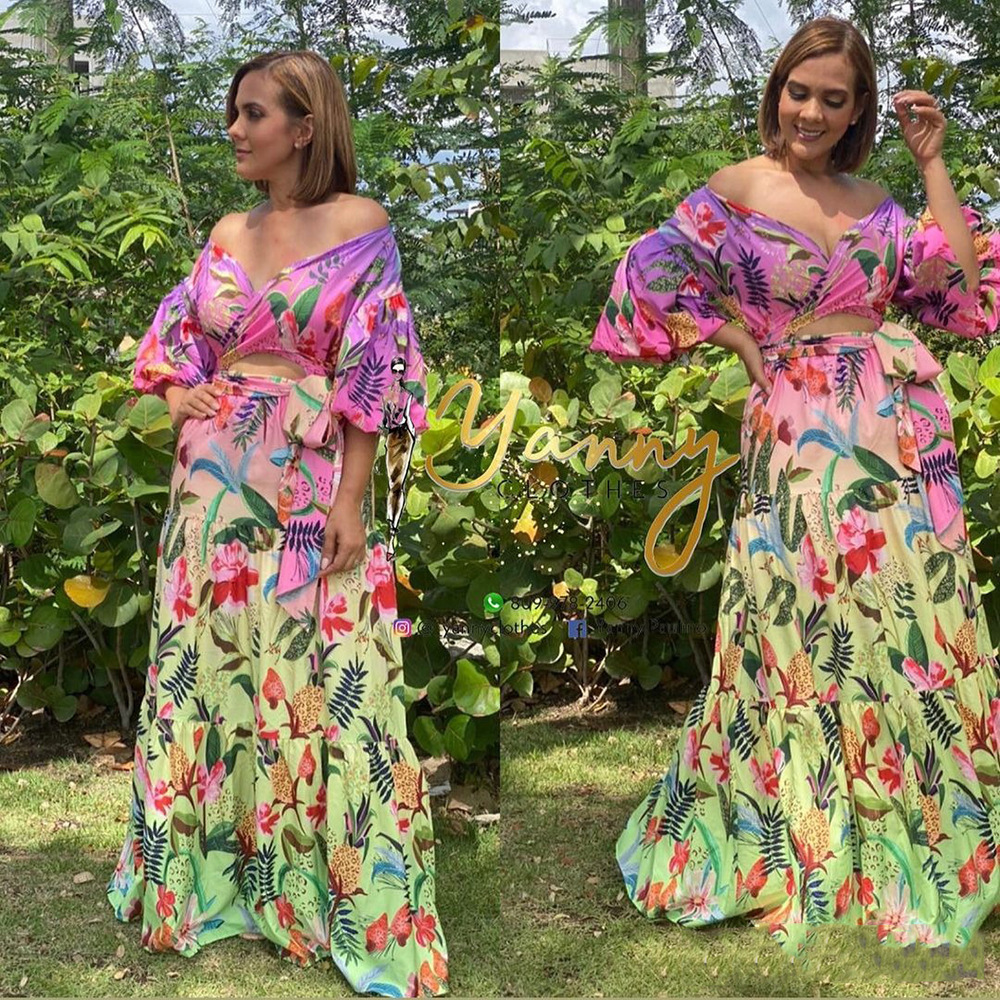 2025 Spring/summer New Womens Printed Wide Truffle Shoulder V-neck Sexy Slimming Long Dress Formal Dress