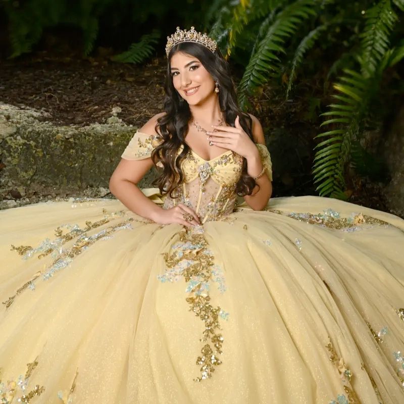 Yellow Shiny Princess Sweet 16 Dress Quinceanera Dresses Sequin Applique Lace Beading Corset Tull Party Birthday Vestidos 15 Anos N06 B0312