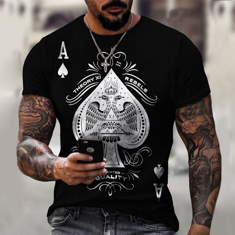 Mens T-shirt with loose and casual personality new poker card print mens top T-shirt in large size