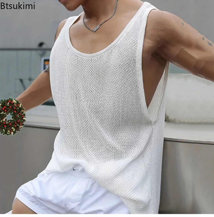 mens summer knitted vest fashion O-neck sleeveless knitted top mens casual loose hollow vest mens clothing 250403