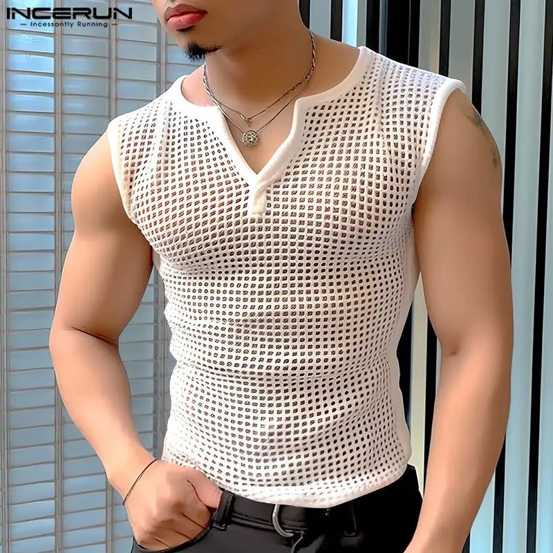 Mens Tank Top Mesh Hollow Solid V-neck Sleeveless Summer Mens Tank Top Transparent Fashion Mens Clothing INCERUN 250403