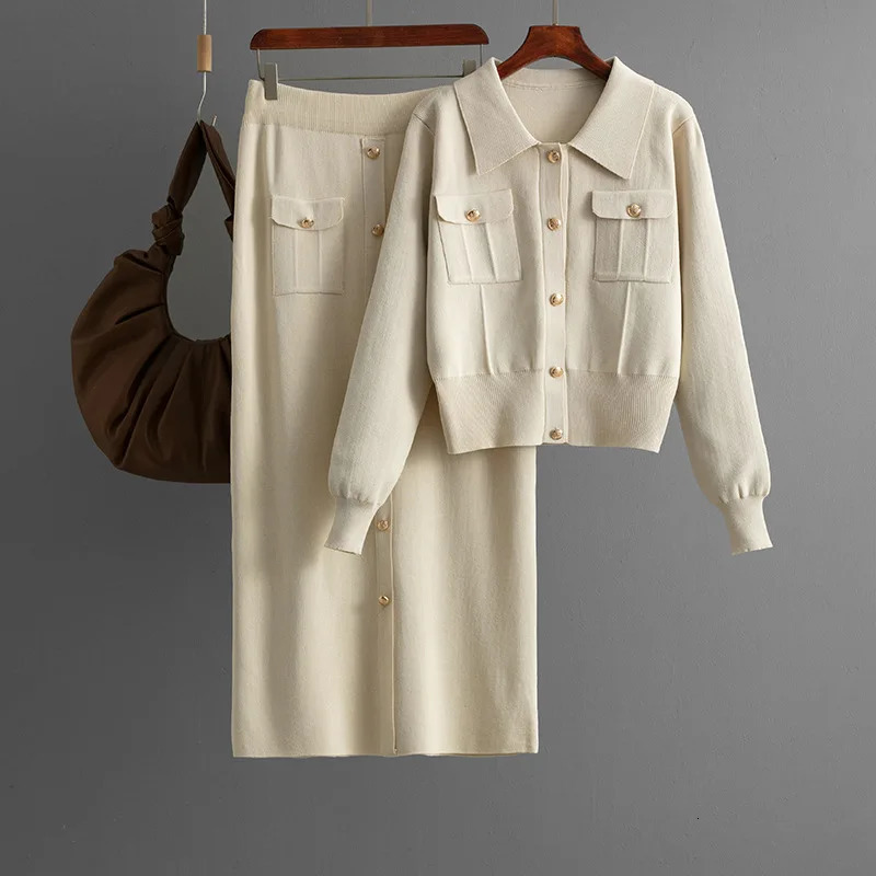 Autumn Winter Polo Collar Fashionable Temperament Set Womens Sweater Cardigan Top Knitted Casual Skirt Twopiece 251105