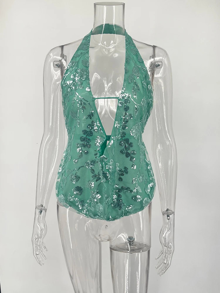 Taruxy womens sexy backless sequin top deep V-neck dragged summer beach vacation T-shirt womens mesh embroidery Ins tank 250403