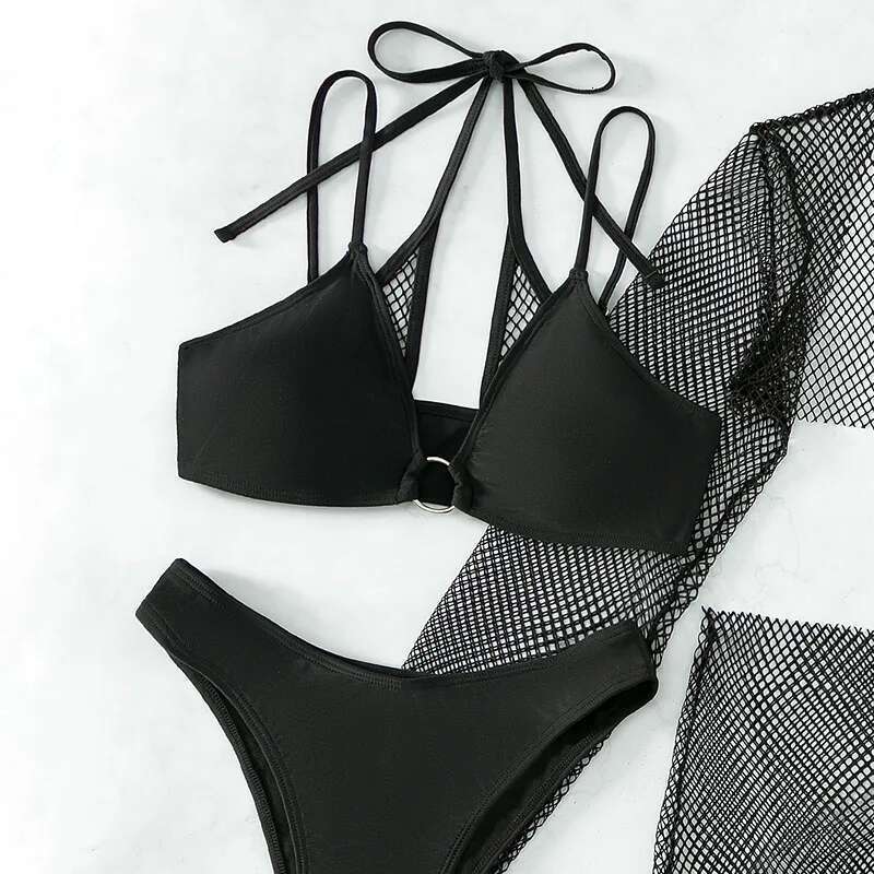 Solid Color Swimsuit Women 2023 Black Long Sleeve Mesh 4 Piece Bikini High Waist V-neck Brazilian Bathing Suit Swimwear OLDL025