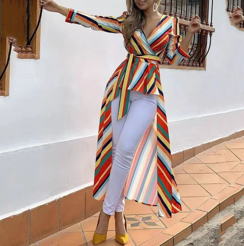 2025 Autumn Rainbow Stripe Dress Deep v Slimming Front Short Rear Long Coat