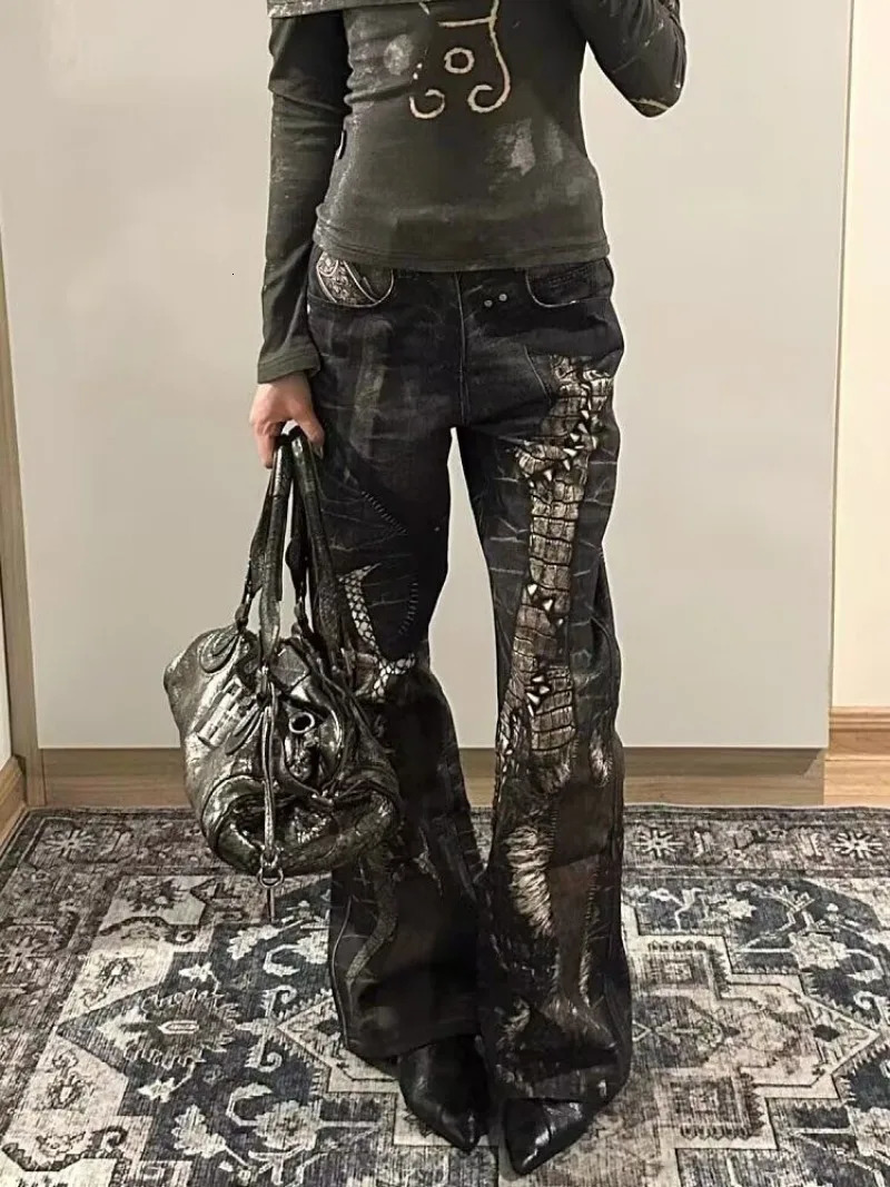 American Retro Python Print Straight Jeans Women Y2K Fashion Street Girls Loose Harajuku Casual High Waisted Wide Leg Z260313