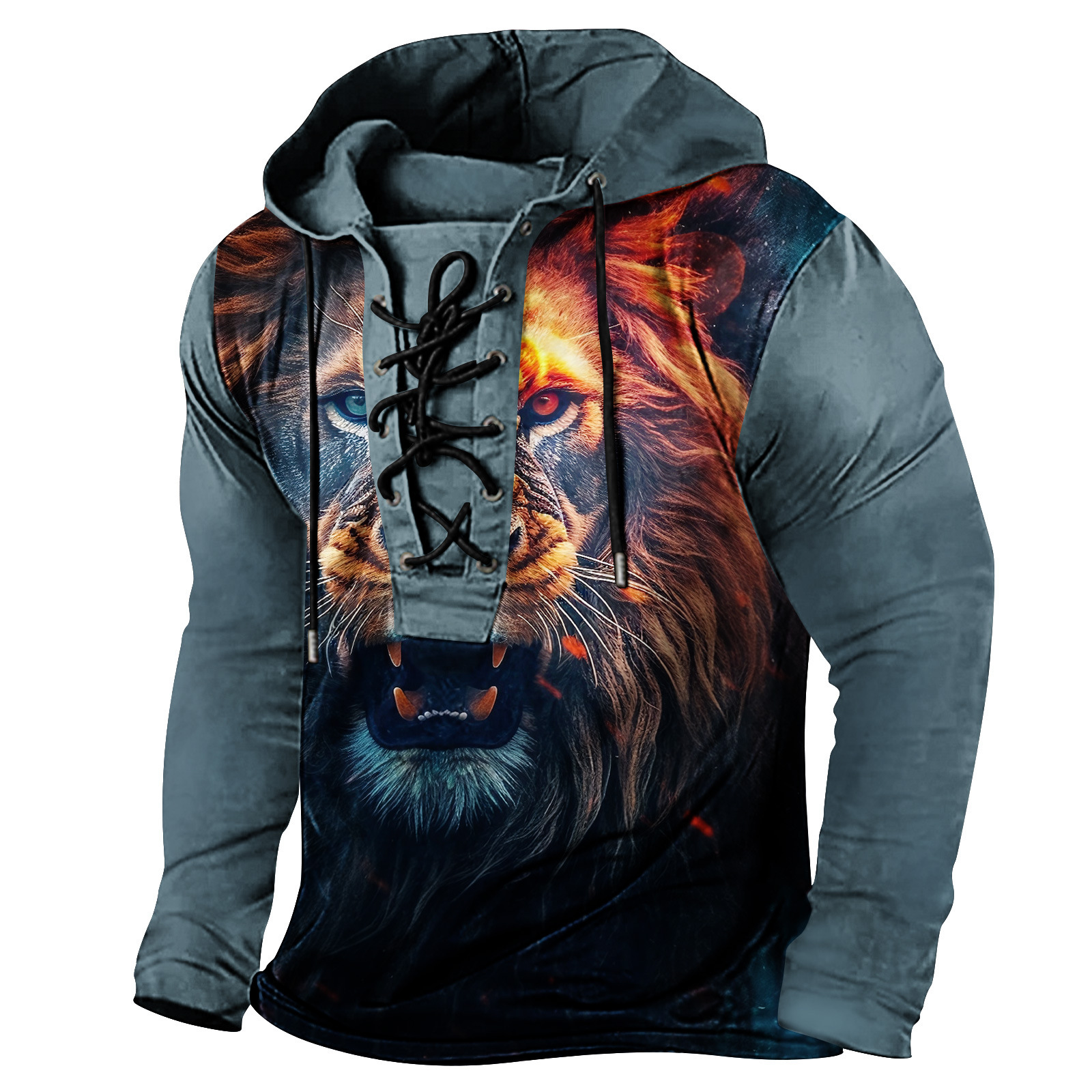 Spring mens printed hooded long sleeved T-shirt with oversized drawstring and headband for men
