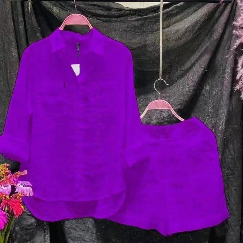 Fashion white 2-piece womens long sleeved shirt and shorts 2-piece womens summer loose casual home set women 250402