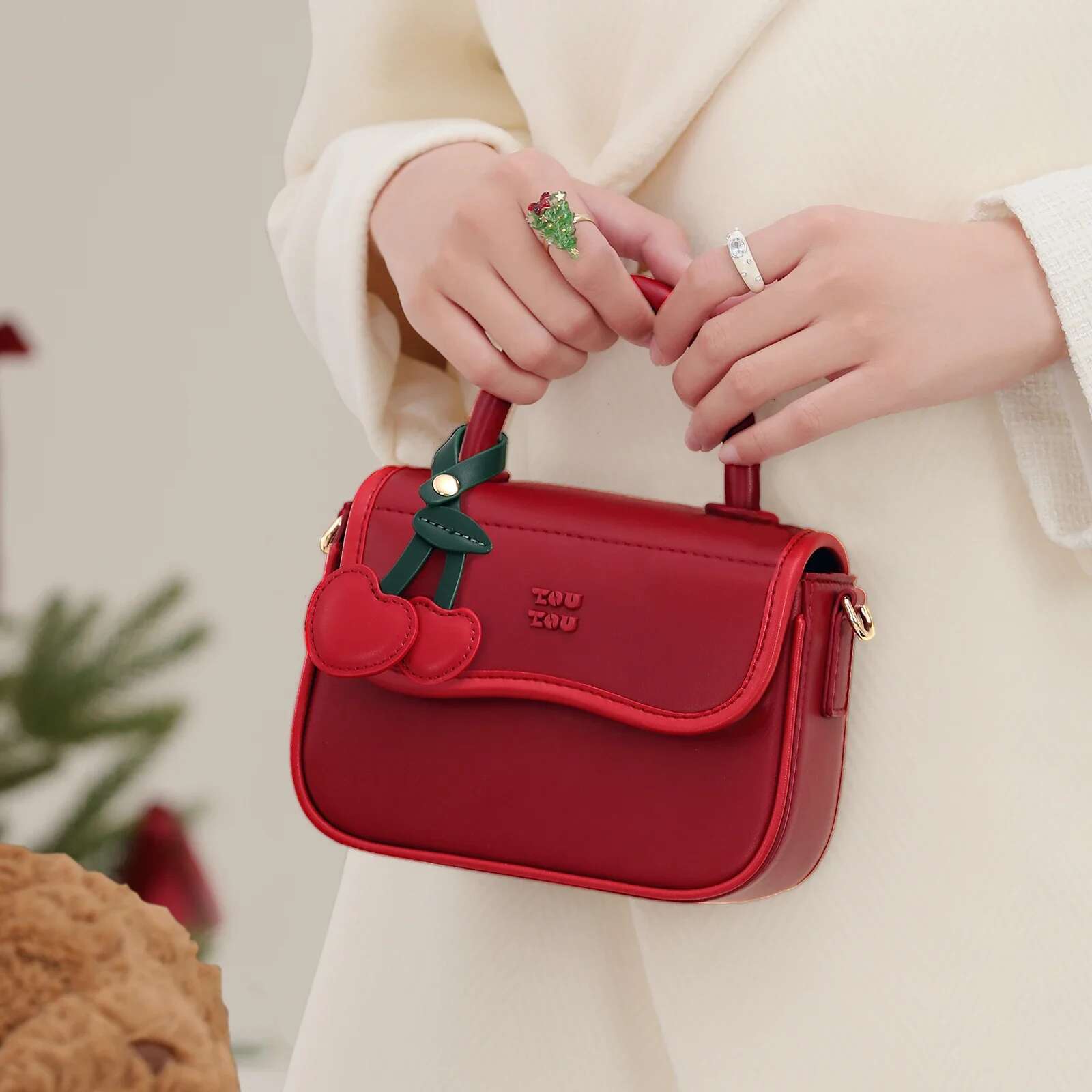 TOUTOU Red Handbag Women Cute Cherry Christmas Tree Pendent Original Designer Leather Shoulder Crossbody Bag Girl Valentine Gift