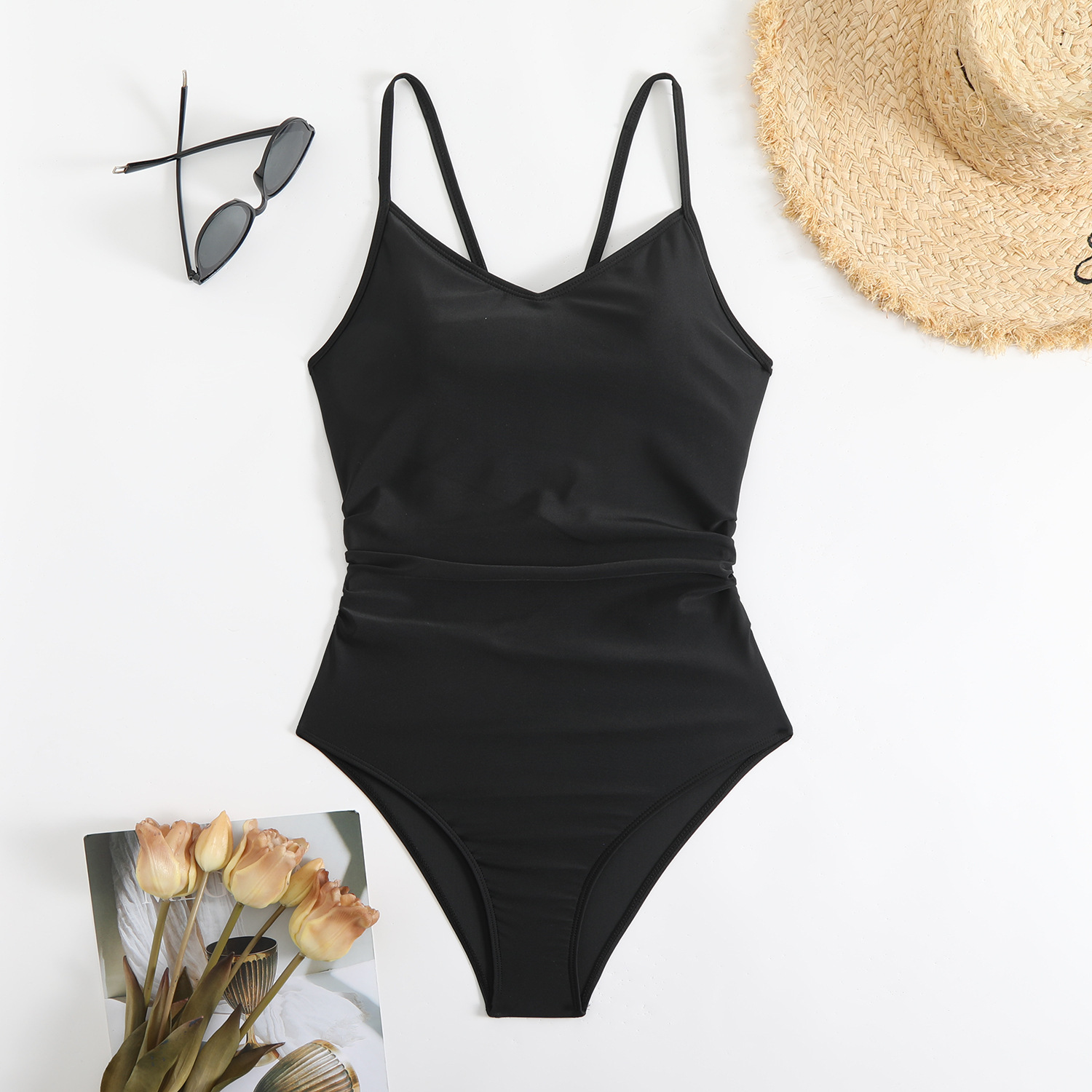 2025 new one-piece triangle tight fitting solid color adjustable shoulder strap multi-color swimsuit for women