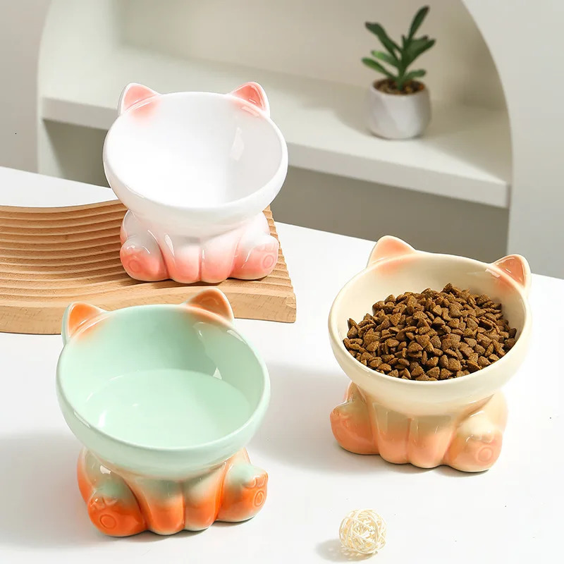 Cat Bowl Integrated Ceramic Diagonal High Feet Cute Protection Ceramic Spine Dog Bowl Beverage Cat Bowl Fighting Black Chin 250403